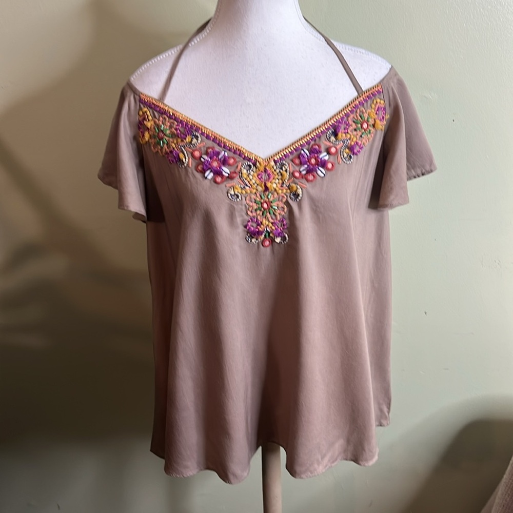 anthropologie blank london taupe tie neck beaded neckline flutter sleeve top - Picture 10 of 17